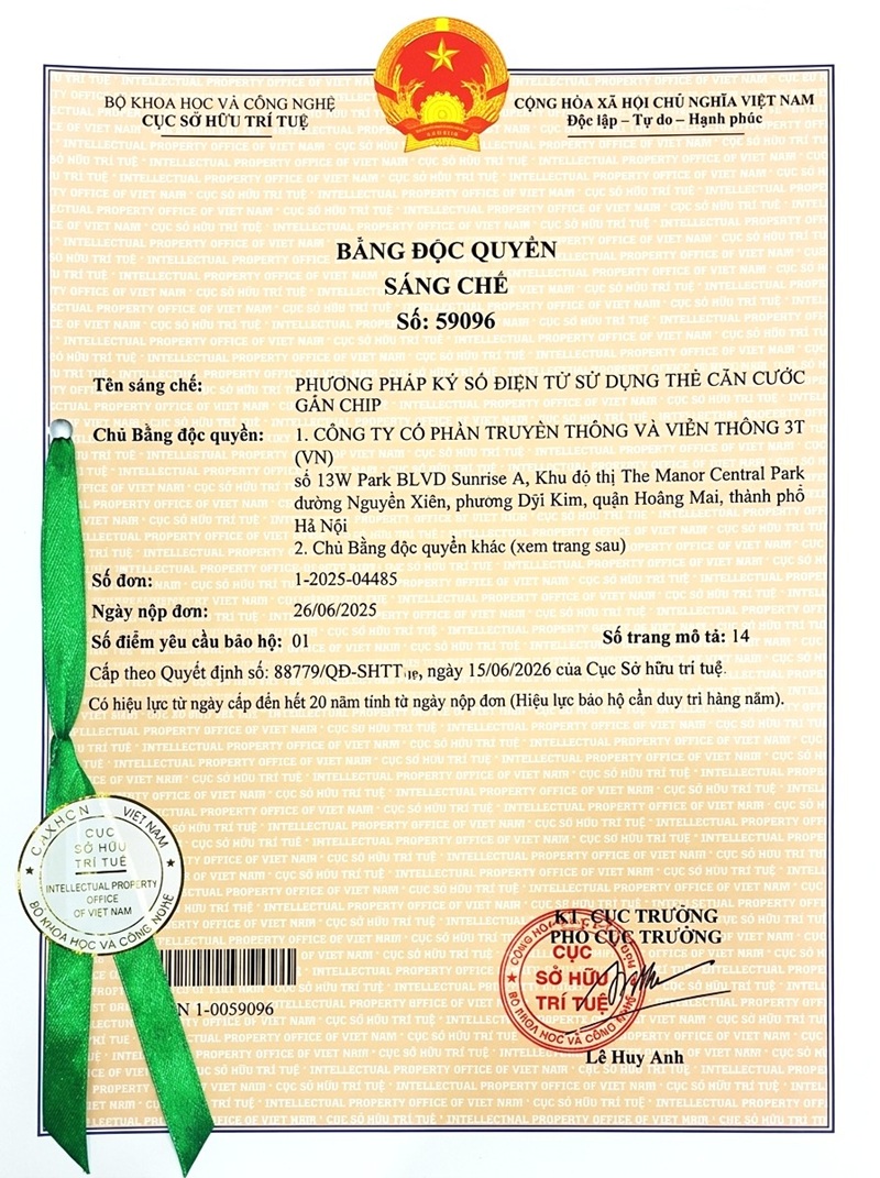Bằng sáng chế độc quyền ký số bằng thẻ căn cước