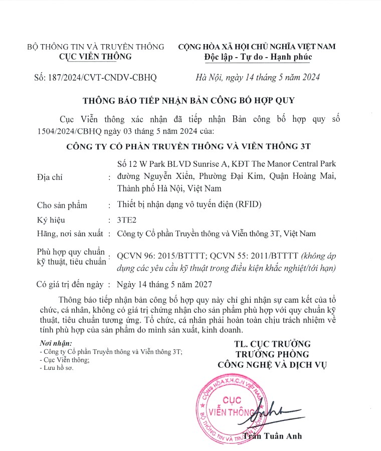 Công bố hợp quy 187/2024/CVT-CNDV-CBHQ