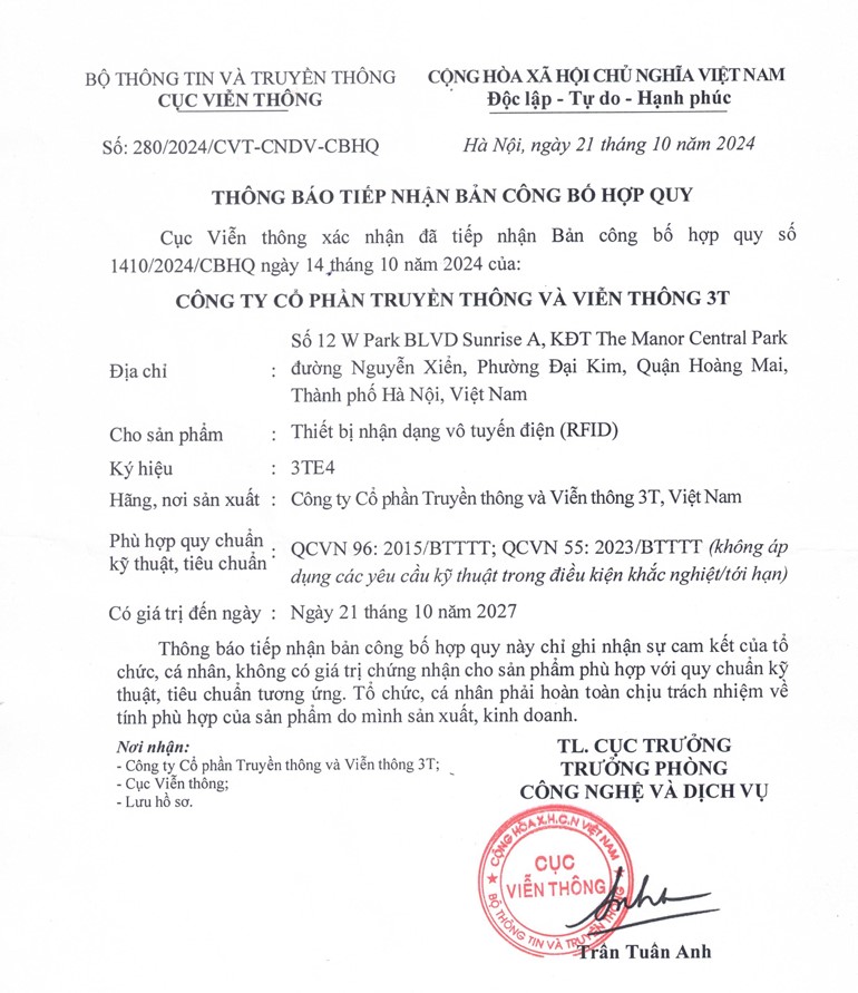 Công bố hợp quy 280/2024/CVT-CNDV-CBHQ